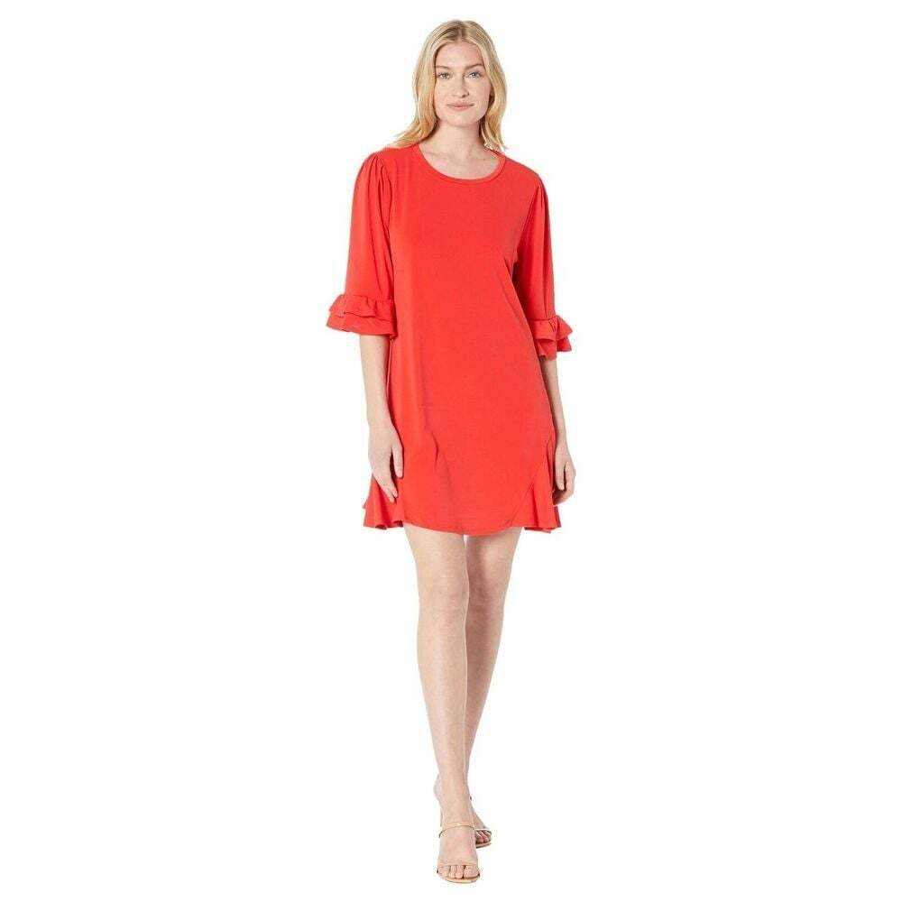 NWT CeCe XS Ruffled Long Sleeve Knit Dress Fireball Red Casual Style